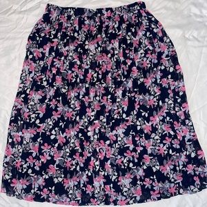 Navy blue, white, pink, and gray floral midi skirt
